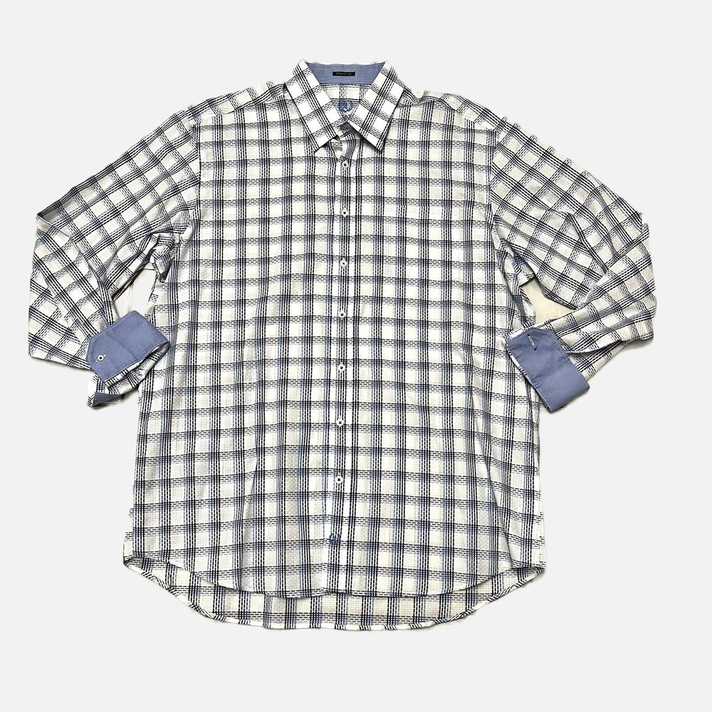 Bugatchi Oumo Classic Fit Men’s Long Sleeve Blue Windowpane/Plaid Shirt Size XXL